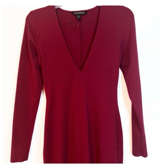 Express V Neck fitted long sleeve maxi Cherry Cola Burgundy dress-XS - Picture 3 of 10